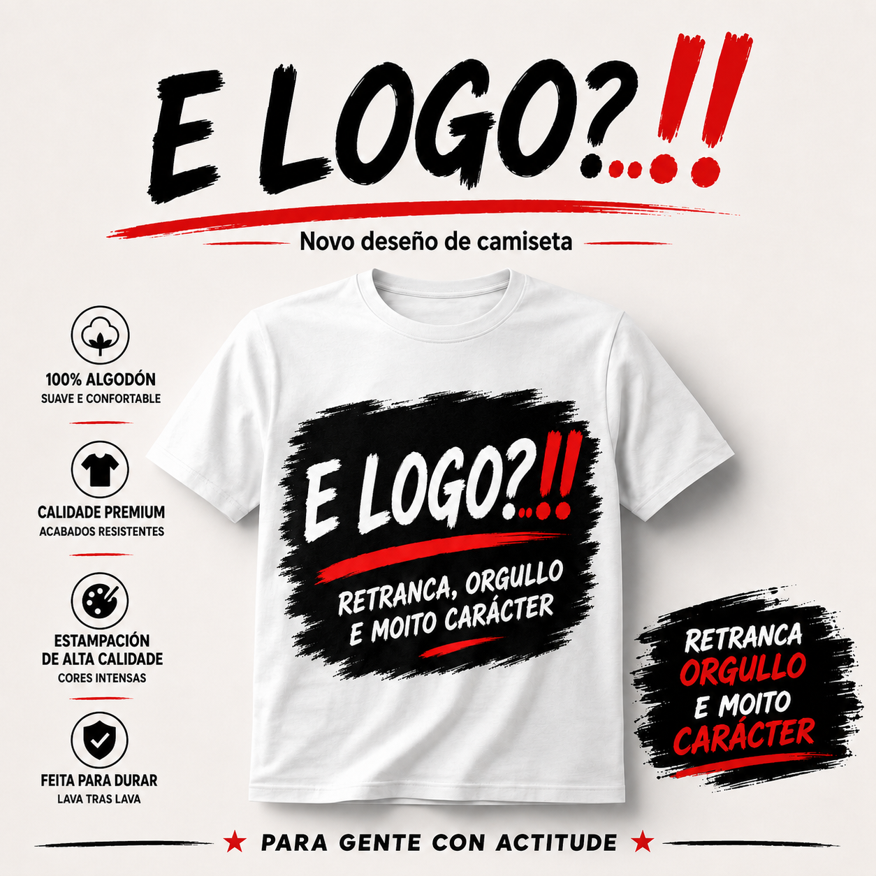 Persona con camiseta blanca y diseño E LOGO? en negro y rojo