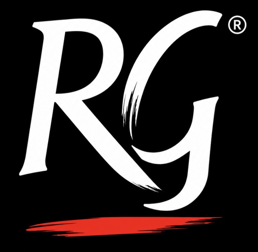Isotipo RG: letras RG blancas sobre fondo negro con una única línea roja inferior