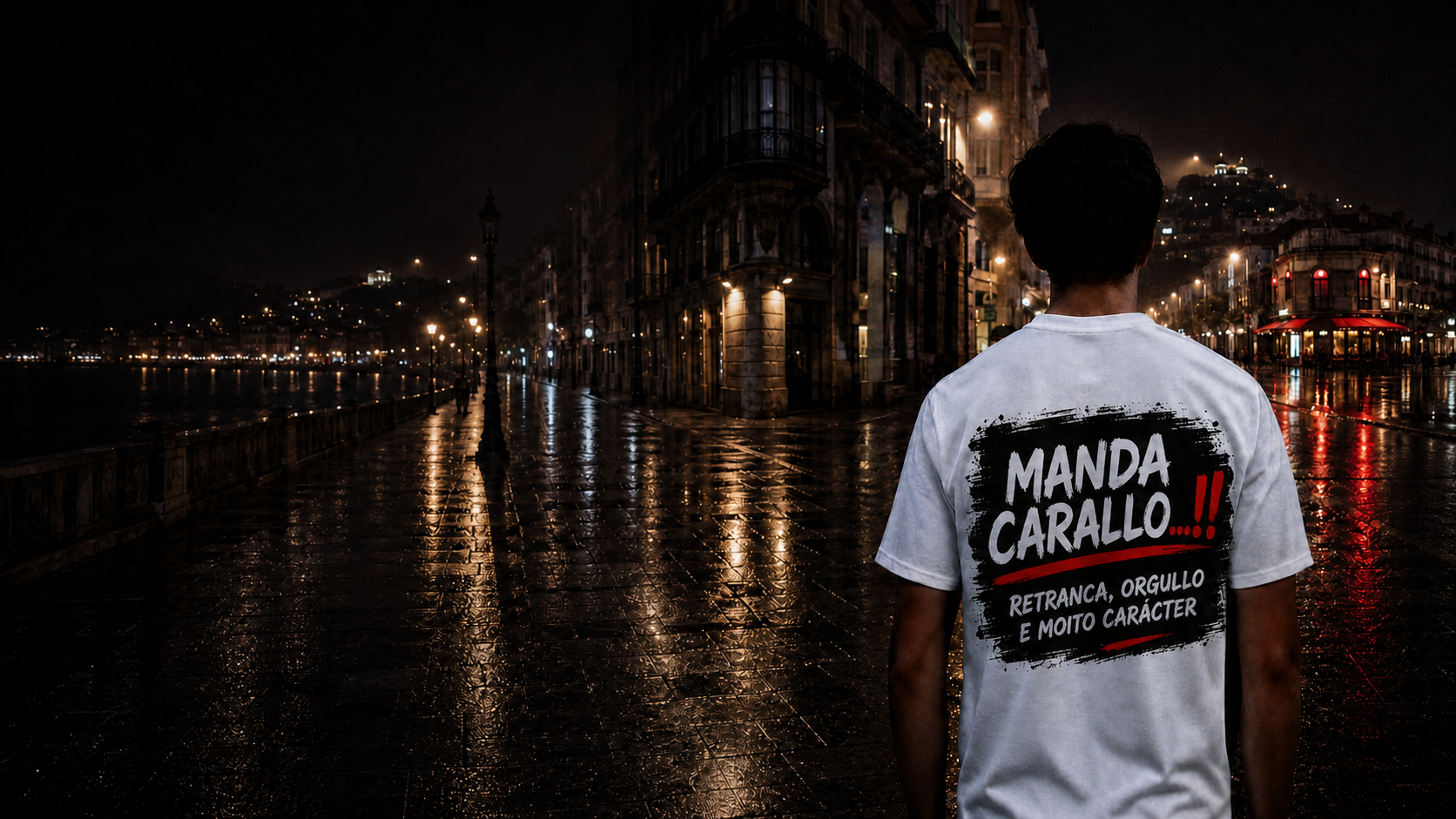 Cabecera panorámica de Retranca Galega con Vigo nocturno y una persona de espaldas