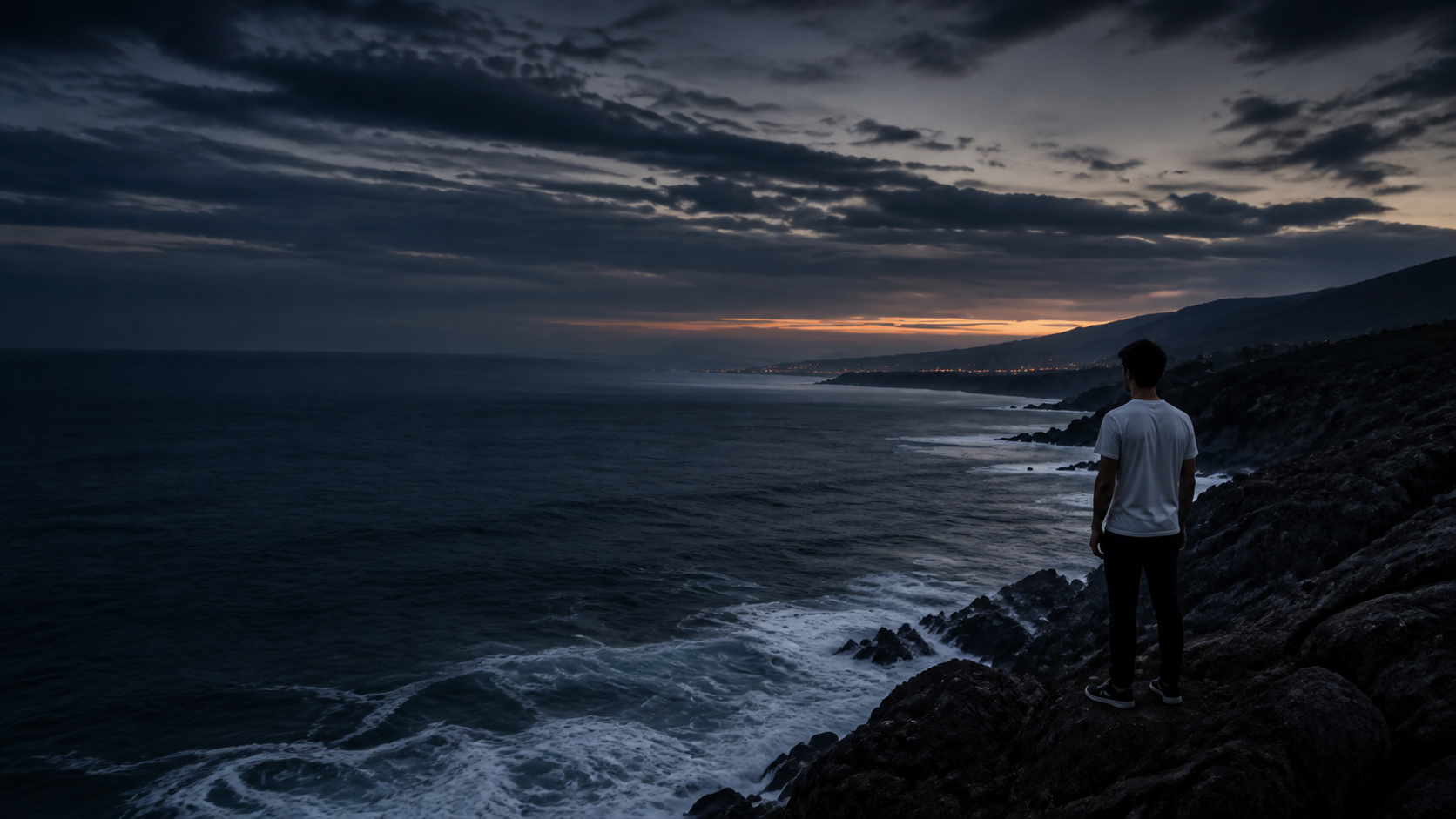 Paisaje marítimo oscuro de Galicia con mar, rocas, cielo y figura humana