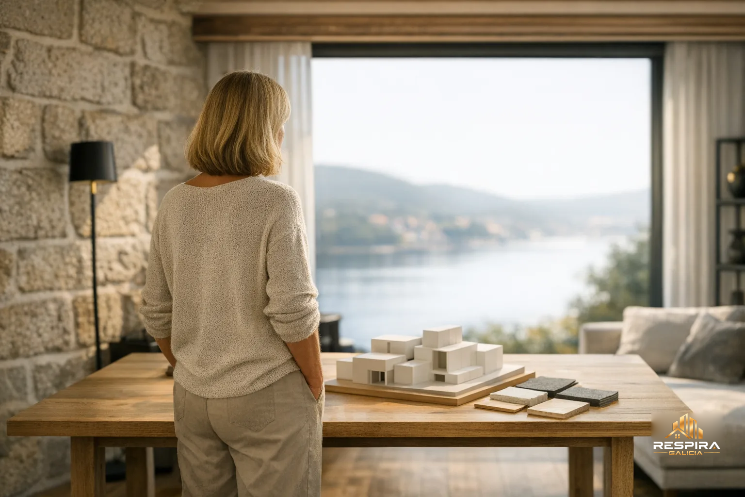 Mujer contempla una vivienda rehabilitada con luz natural y vistas atlánticas en Galicia.
