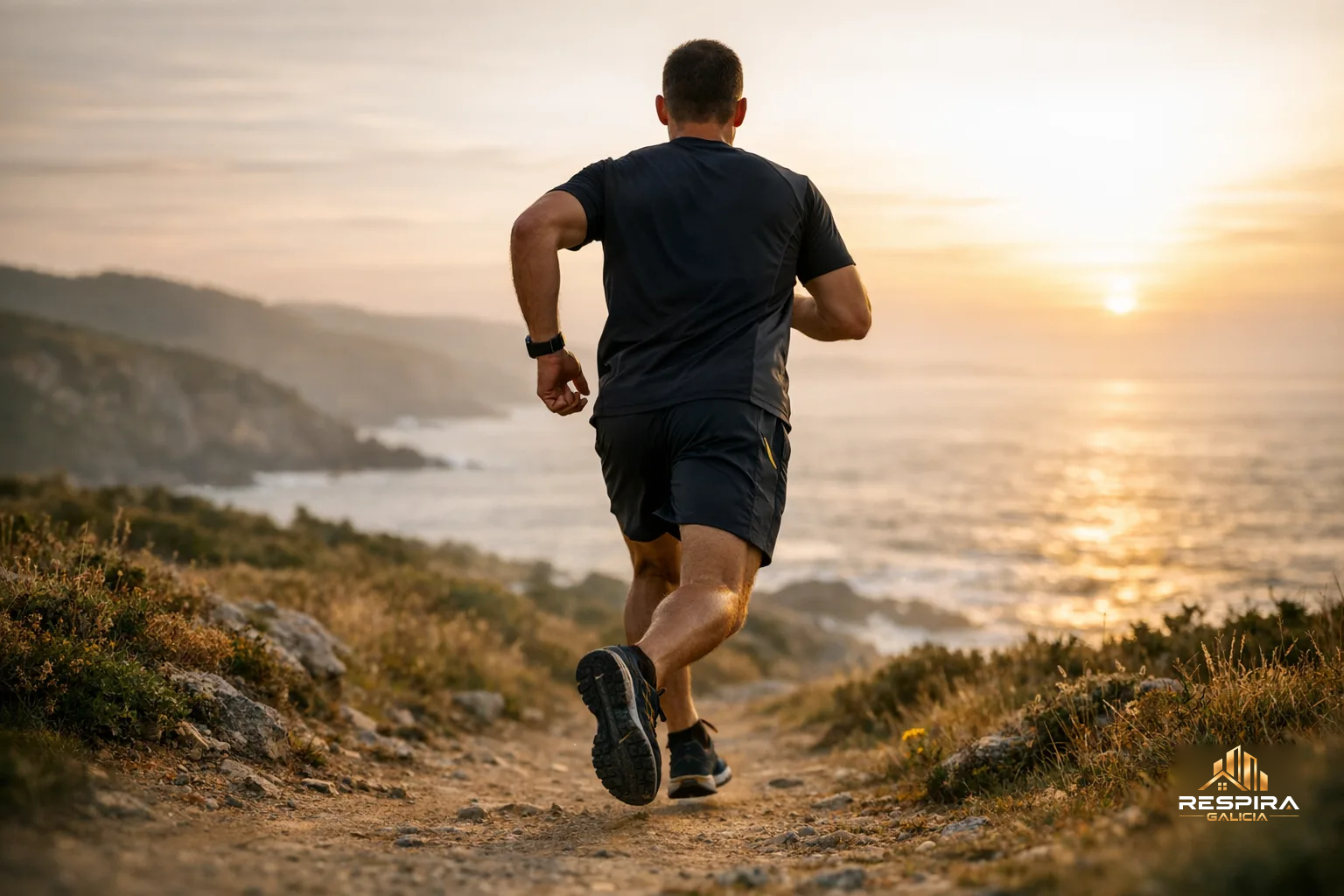 Deportista entrena al amanecer en un sendero costero de Galicia.