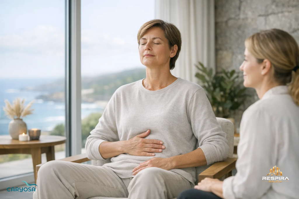 Persona adulta practica respiración consciente acompañada en un espacio luminoso de salud y bienestar.
