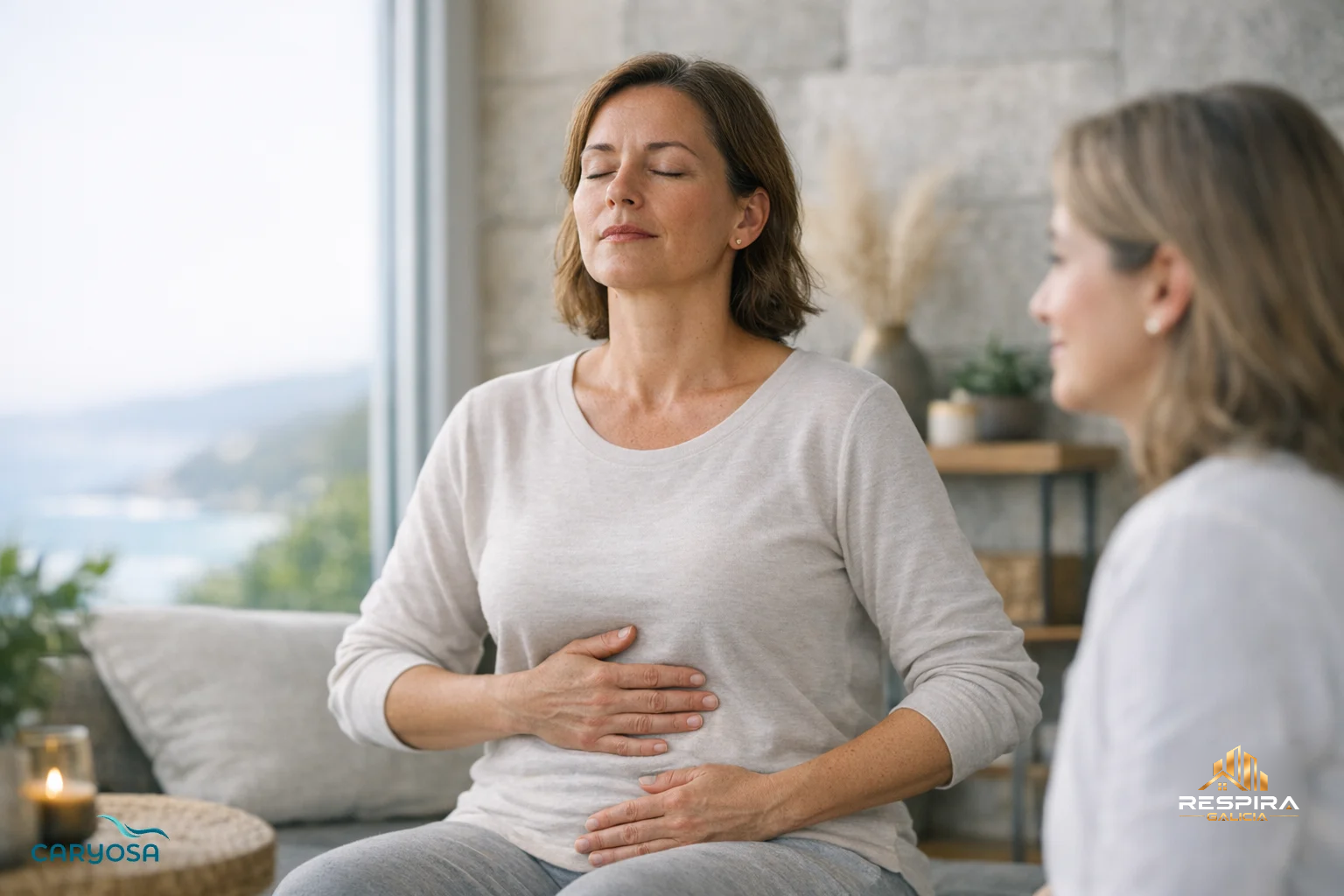 Persona adulta practica respiración consciente acompañada en un espacio luminoso de salud y bienestar.
