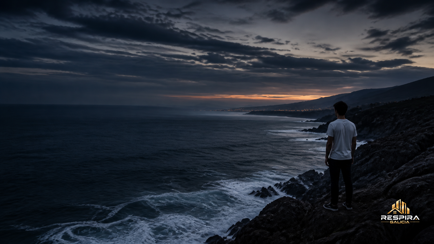 Retranca Galega – Paisaje marítimo Paisaje marítimo oscuro de Galicia con mar, rocas, cielo y figura humana