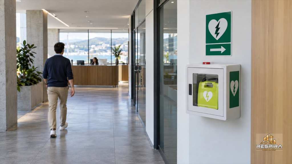 DEA instalado y claramente señalizado en el pasillo de una empresa