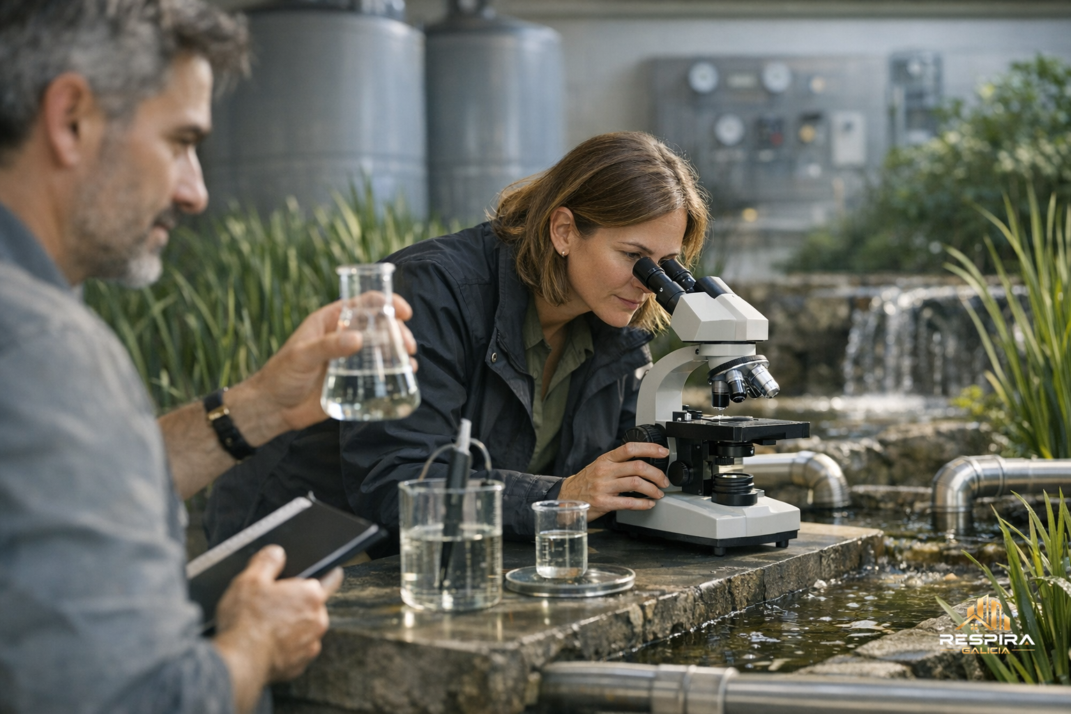 Profesionales revisan una muestra de agua junto a vegetación filtrante en una instalación sostenible